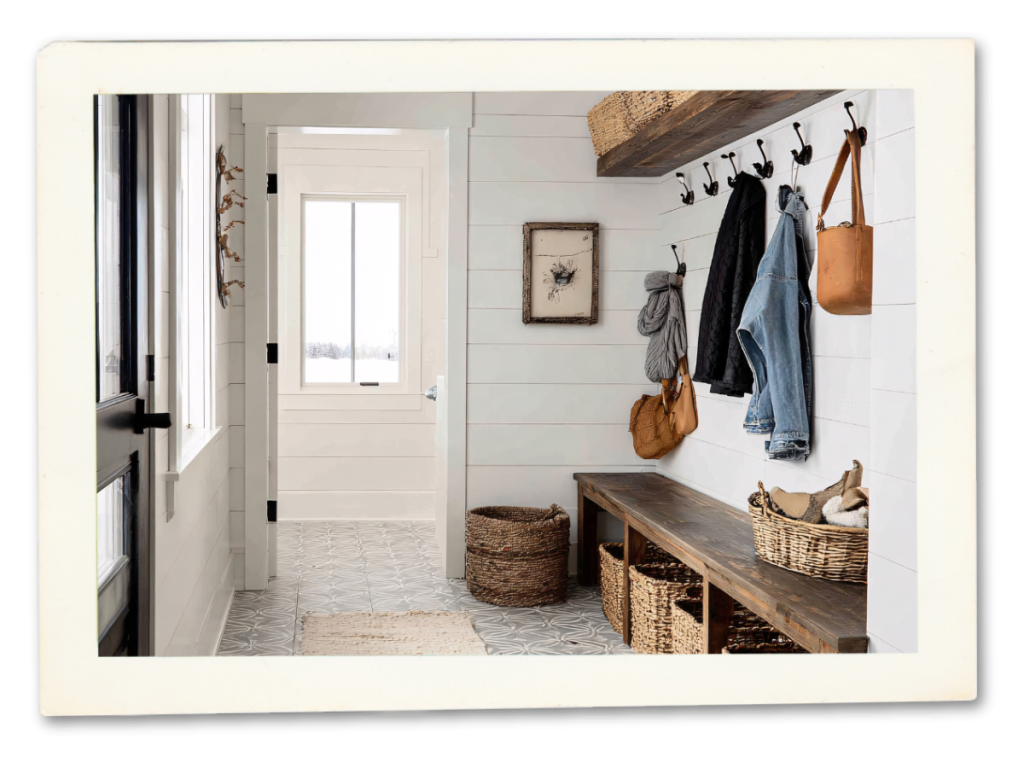 Entryway family station with hooks, shoe basket, and key drop zone