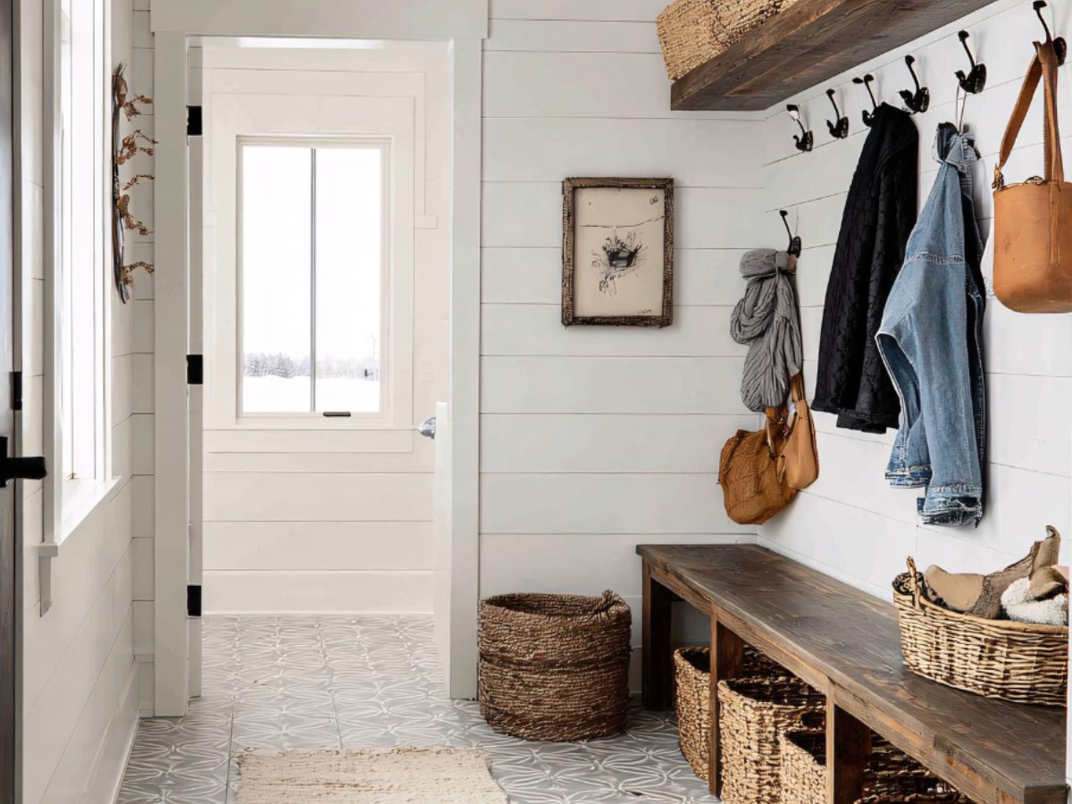 Entryway family station with hooks, baskets and a bench for organizing everyday items