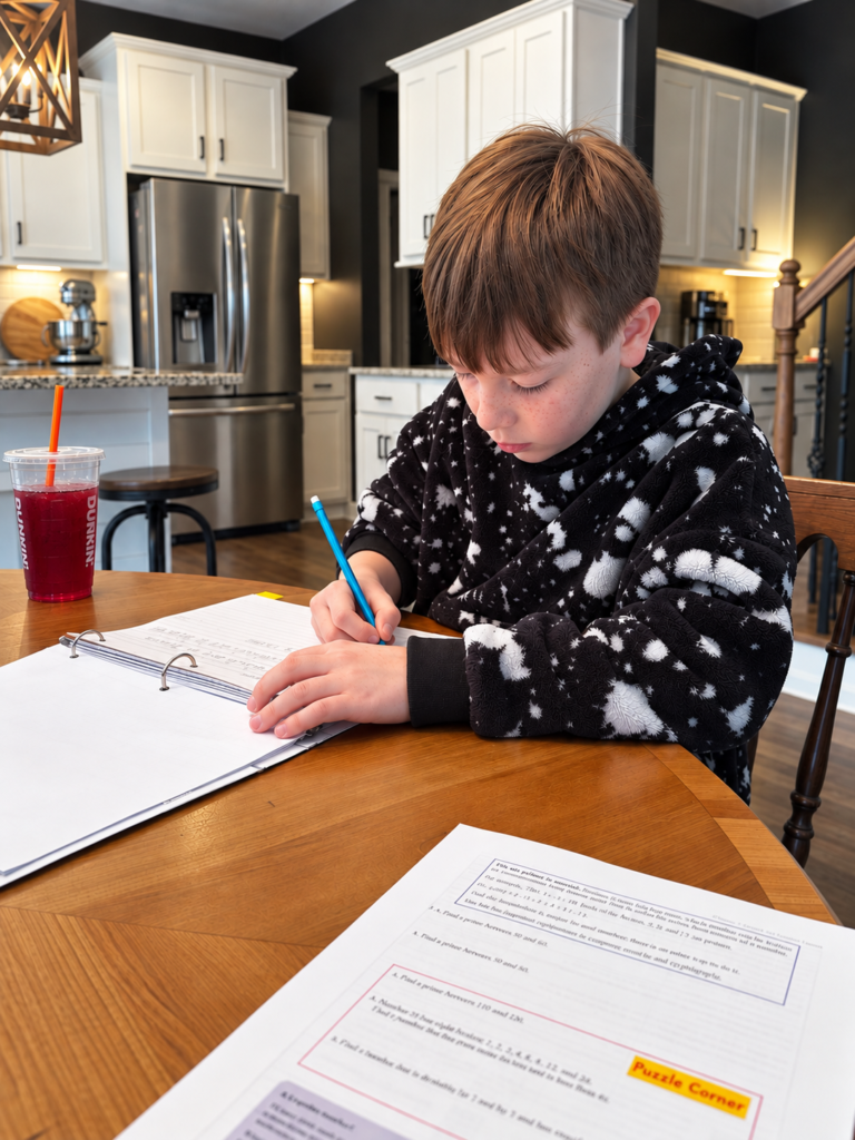 Middle school student working on math at the kitchen table during homeschool