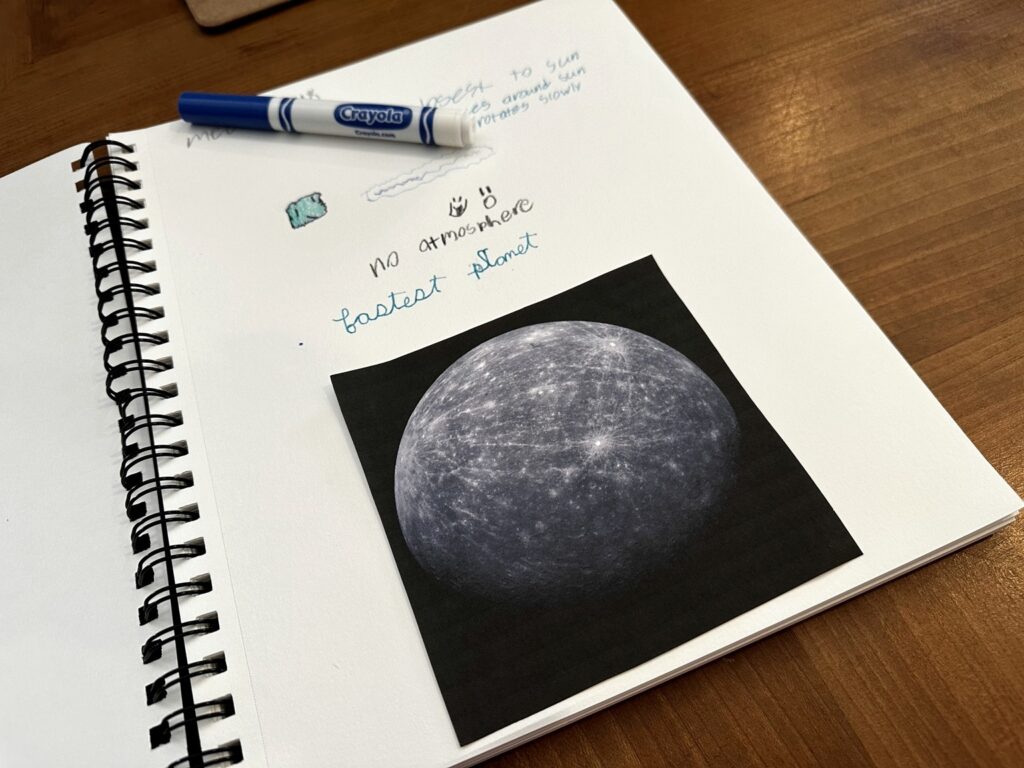 Middle school astronomy notebook page about Mercury with handwritten facts and drawings
