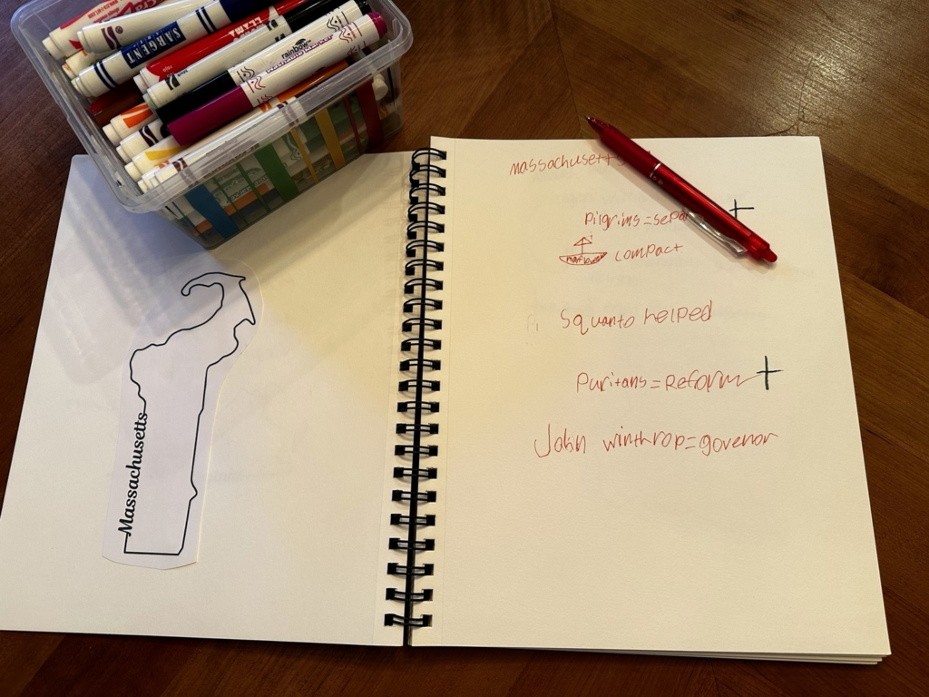 Middle school history notebook page about Massachusetts with handwritten facts and a colony map